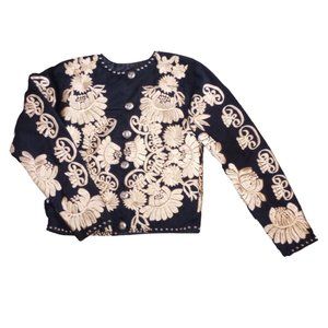 Vtg Silver River Black Gold Embroidered Cotton Denim Blazer Jacket Med